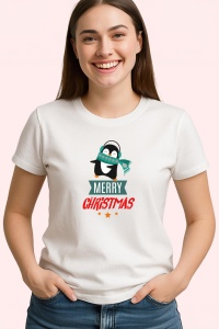 Tricou Merry Christmas Pinguin, din bumbac 100%, tricou alb, Dama | Barbat