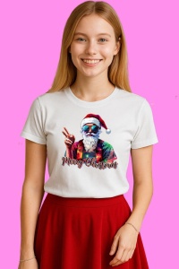 Tricou Merry Christmas Santa Ochelari Cool, din bumbac 100%, tricou alb, Copii | Dama | Barbat