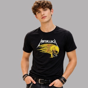 Tricou Metallica Craniu Flacari Galben, din bumbac 100%, tricou negru, Dama | Barbat