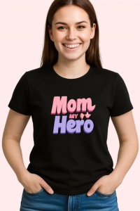 Tricou Mom My Hero Text Roz Cu Mov, din bumbac 100%, tricou negru Dama | Barbat