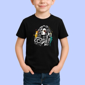 Tricou Monochrome floral tattoo portrait, portret tatuat alb negru cu flori, Copii | Dama | Barbat , tricou negru - Img 2