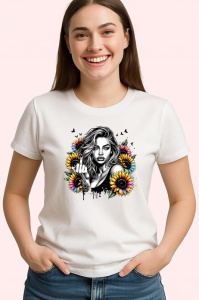 Tricou monochrome woman sunflower accent, femeie monocrom cu accent floarea soarelui, Copii | Dama | Barbat - Img 3