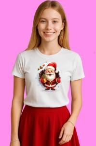 Tricou Mos Craciun Cu Fundal Alb Si Cadou Craciun, din bumbac 100% Copii | Dama | Barbat - Img 3