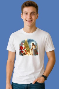 Tricou Mos Craciun Si Iisus Langa Brad Aprins, din bumbac 100%, tricou alb, Copii | Dama | Barbat - Img 2