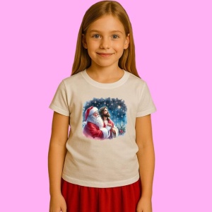 Tricou Mos Craciun Si Iisus Privind Cerul Noptii, din bumbac 100%, tricou alb, Copii | Dama | Barbat - Img 2