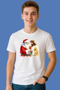 Tricou Mos Craciun Si Iisus Strangandu-Si Mainile, din bumbac 100%, tricou alb, Copii | Dama | Barbat - Img 3