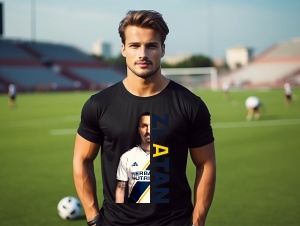 Bărbat purtând un tricou negru, personalizat cu un design ce include imaginea fotbalistului Zlatan Ibrahimović, alături de numele acestuia scris vertical în culori vibrante. Fundalul este un teren de fotbal, cu alte persoane în fundal implicate în activit