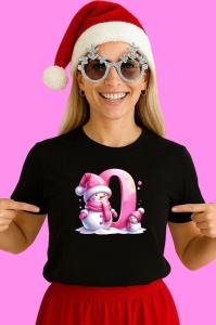 Tricou O Litera Craciun Roz Cu Om De Zapada Fulgi De Zapada, din bumbac 100% Copii | Dama | Barbat