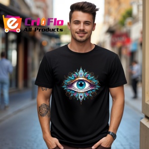 Tricou Ochi albastru turcoaz in mandala luminoasa cu elemente aurii Copii | Dama | Barbat Barbat - Img 17