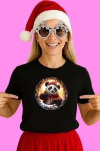 Tricou Panda Cu Fular Rosu, din bumbac 100% Copii | Dama | Barbat - Img 3