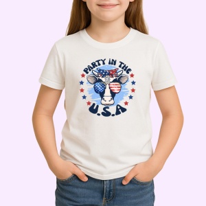 Tricou Party In The Usa Vaca Ochelari Steag, din bumbac 100% , tricou alb pentru Copii | Dama | Barbat - Img 2