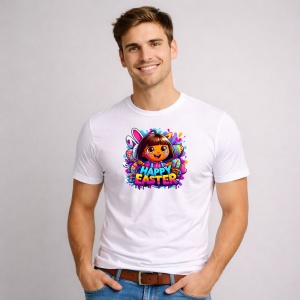 Tricou Paste Dora Explorer Paste Happy Easter Colorat Oua, din bumbac 100%, tricou alb, Copii | Dama | Barbat - Img 3