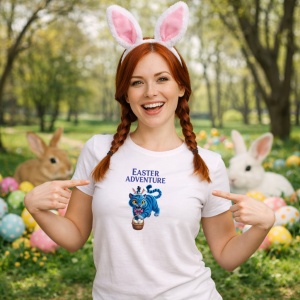 Tricou Paste Easter Adventure Pisica Cos Oua Colorate, din bumbac 100%, tricou alb, Copii | Dama | Barbat - Img 9