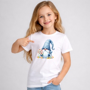 Tricou Paste Gnom Albastru Pastel Cu Flori Decor Cute, din bumbac 100%, tricou alb, Copii | Dama | Barbat - Img 2