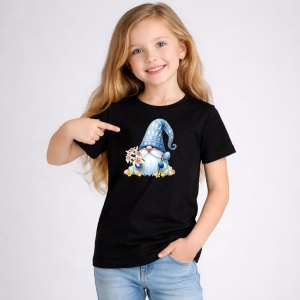 Tricou Paste Gnom Albastru Pastel Cu Flori Decor Cute, din bumbac 100%, tricou negru, Copii | Dama | Barbat