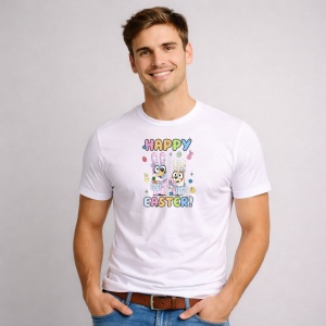Tricou Paste Happy Easter Iepurasi Colorati Text Vesel, din bumbac 100%, tricou alb, Copii | Dama | Barbat - Img 2