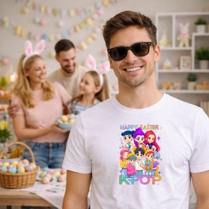 Tricou Paste Happy Easter Kpop Grup Anime Colorat, din bumbac 100%, tricou alb, Copii | Dama | Barbat - Img 5