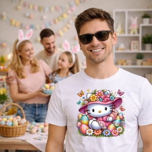 Tricou Paste Hello Kitty Palarie Flori Paste Oua Colorate, din bumbac 100%, tricou alb, Copii | Dama | Barbat - Img 7