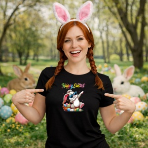 Tricou Paste Iepuras Cool Ochelari Cos Oua Happy Easter, din bumbac 100%, tricou negru, Copii | Dama | Barbat - Img 9