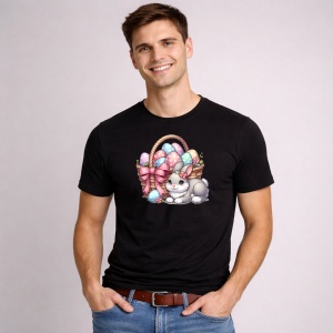 Tricou Paste Iepuras Cos Paste Oua Colorate Dragut, din bumbac 100%, tricou negru, Copii | Dama | Barbat