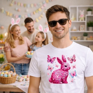 Tricou Paste Iepuras Glitter Roz Cu Fluturi Glam Aesthetic, din bumbac 100%, tricou alb, Copii | Dama | Barbat - Img 7