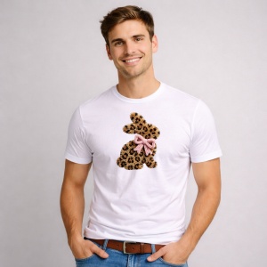 Tricou Paste Iepuras Leopard Print Fundita Roz Fashion, din bumbac 100%, tricou alb, Copii | Dama | Barbat - Img 2