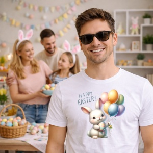 Tricou Paste Iepuras Paste Baloane Oua Colorate Happy Easter, din bumbac 100%, tricou alb, Copii | Dama | Barbat - Img 7