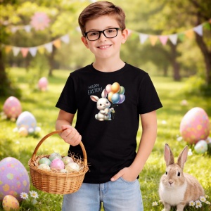 Tricou Paste Iepuras Paste Baloane Oua Colorate Happy Easter, din bumbac 100%, tricou negru, Copii | Dama | Barbat - Img 5