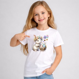 Tricou Paste Iepuras Paste Carucior Flori Oua Colorate, din bumbac 100%, tricou alb, Copii | Dama | Barbat