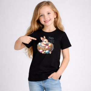 Tricou Paste Iepuras Paste Cuib Oua Colorate Pastel, din bumbac 100%, tricou negru, Copii | Dama | Barbat - Img 2