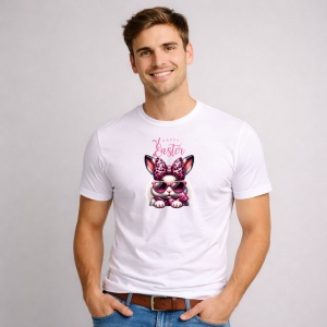 Tricou Paste Iepuras Paste Ochelari Roz Stylish Easter, din bumbac 100%, tricou alb, Copii | Dama | Barbat - Img 2