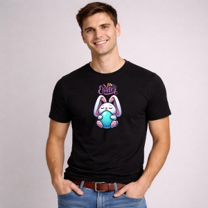 Tricou Paste Iepuras Paste Ou Colorat Kawaii Happy Easter, din bumbac 100%, tricou negru, Copii | Dama | Barbat - Img 1