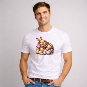 Tricou Paste Iepuras Paste Oua Colorate Cos Somnoros, din bumbac 100%, tricou alb, Copii | Dama | Barbat - Img 3