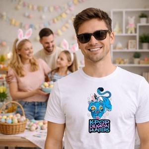 Tricou Paste Kpop Demon Hunters Mascota Pisica Blue, din bumbac 100%, tricou alb, Copii | Dama | Barbat - Img 5