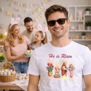 Tricou Paste Mesaj Crestin He Is Risen Iepuras Cruce Flori Paste, din bumbac 100%, tricou alb, Copii | Dama | Barbat - Img 7