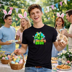 Tricou Paste Minecraft Happy Easter Bruh Pixel Gamer Oua, din bumbac 100%, tricou negru, Copii | Dama | Barbat - Img 7