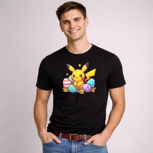 Tricou Paste Pikachu Paste Oua Colorate Iepuras Fericit, din bumbac 100%, tricou negru, Copii | Dama | Barbat - Img 3