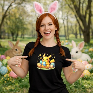 Tricou Paste Pikachu Paste Oua Colorate Iepuras Stelute, din bumbac 100%, tricou negru, Copii | Dama | Barbat - Img 9