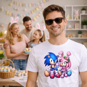 Tricou Paste Sonic Amy Iepurasi Paste Oua Colorate, din bumbac 100%, tricou alb, Copii | Dama | Barbat - Img 7