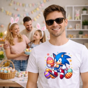Tricou Paste Sonic Paste Oua Colorate Iepuras Stelute, din bumbac 100%, tricou alb, Copii | Dama | Barbat - Img 7