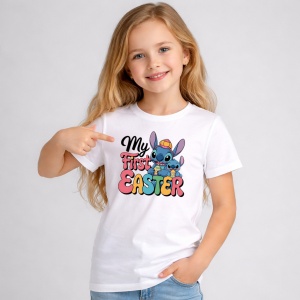 Tricou Paste Stitch My First Easter Iepuras Oua Colorate, din bumbac 100%, tricou alb, Copii | Dama | Barbat