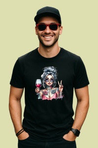 Tricou Peace sign wine stylish girl, fata stilata cu vin si semnul pacii, Copii | Dama | Barbat , tricou negru - Img 4