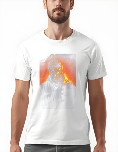 Tricou alb cu un design intens și dramatic al lui Michael Myers, înfățișat în flăcări, având o expresie sumbră, iar flăcările acoperind parțial fața și umărul său. Fundalul este de asemenea încins, accentuând atmosfera de groază și pericol.