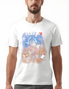Bărbat purtând un tricou alb din colecția ta este inspirat de filmul Scream VI. Designul vibrant prezintă personaje iconice și elemente cheie din franciză, cum ar fi masca lui Ghostface și scene captivante. Acest tricou este perfect pentru fanii horror ca