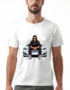 Bărbat purtând un tricou alb cu grafică imprimată, arătând un bărbat cu ochelari de soare, îmbrăcat în negru, stând pe capota unei mașini Tesla, cu logo-ul Tesla stilizat în fundal.