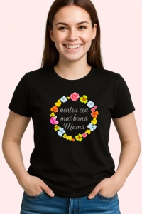 Tricou Pentru Cea Mai Buna Mama Coronita Flori Colorate, din bumbac 100%, tricou negru Dama | Barbat - Img 2