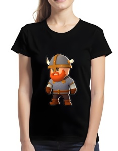 Tricou negru cu un design colorat care înfățișează un personaj stilizat din Stumble Guys sub forma unui viking, cu barbă roșie, cască cu coarne, armură gri și curea maro.