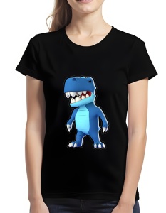 Tricou negru cu un design colorat care înfățișează un personaj stilizat din Stumble Guys sub forma unui dinozaur albastru, cu dinți ascuțiți și o burtă mai deschisă la culoare.