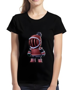 Tricou negru cu un design colorat care înfățișează un personaj stilizat din Stumble Guys îmbrăcat într-o armură de cavaler roșie, cu cască și vizor vertical, purtând mănuși și cizme asortate.