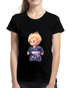 Tricou negru cu un design colorat care înfățișează un personaj stilizat din Stumble Guys îmbrăcat într-un kimono negru cu motive florale roz, având părul blond și un accesoriu roșu în păr.